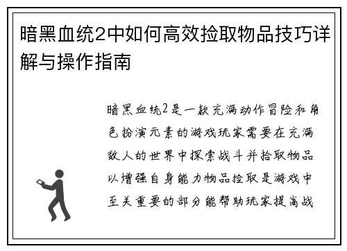 暗黑血统2中如何高效捡取物品技巧详解与操作指南
